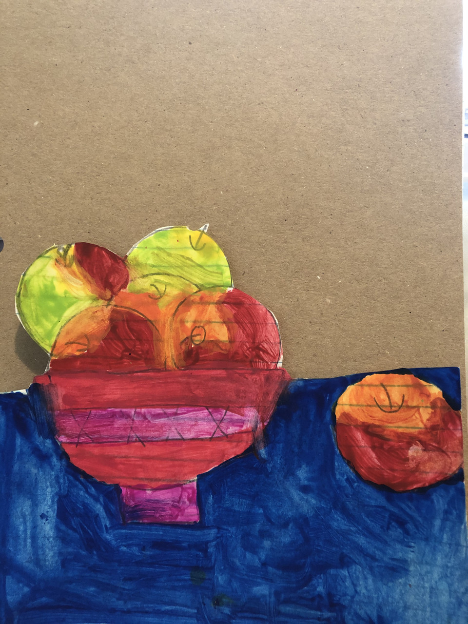 Painted fruit in a bowl on a blue table