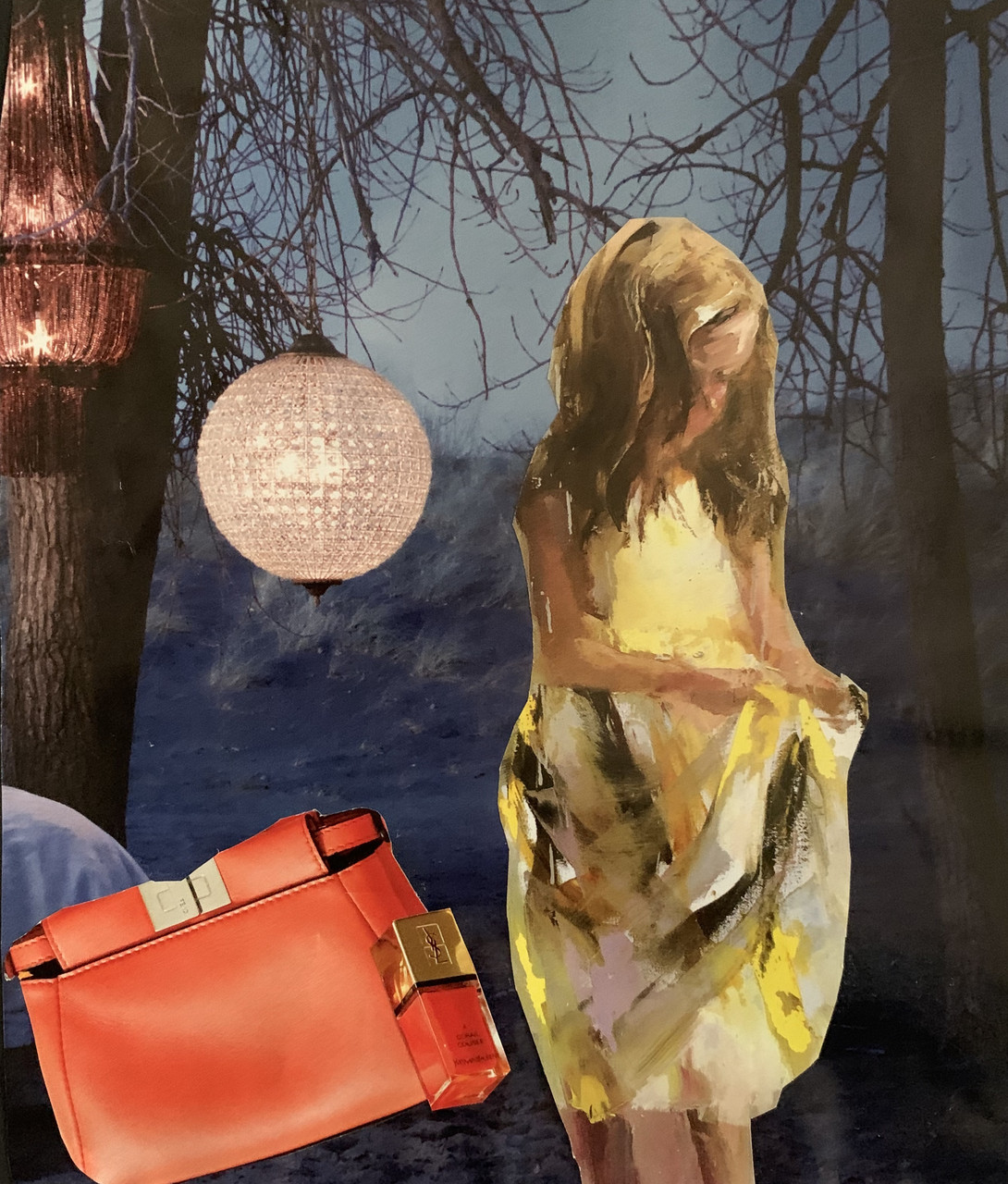 A collage of a little girl in a yellow dress with trees in the background