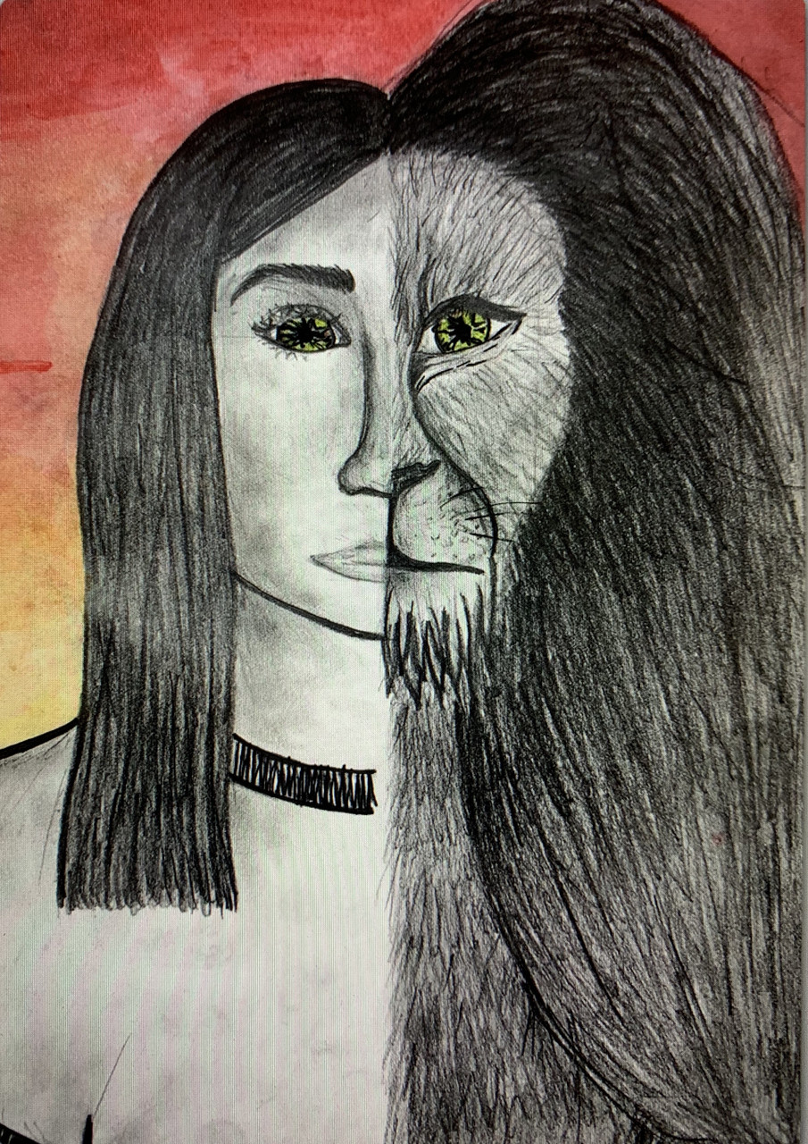 Drawing with a girl on the left half and an animal on the right.