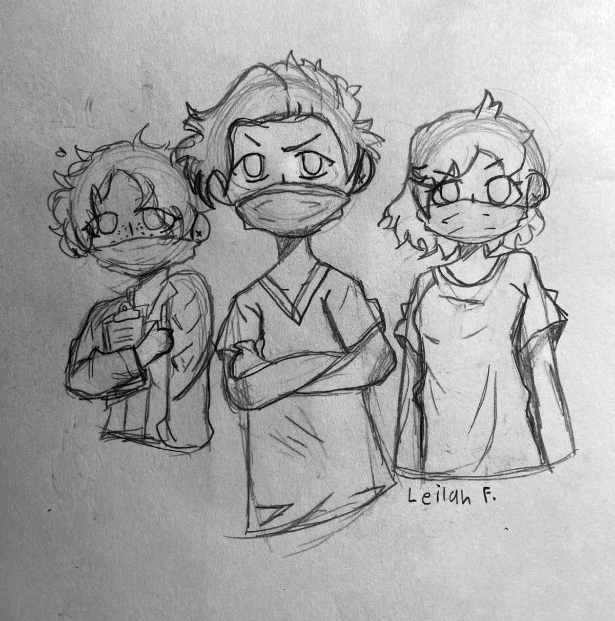 Black and white pencil drawing of three nurses wearing face masks.