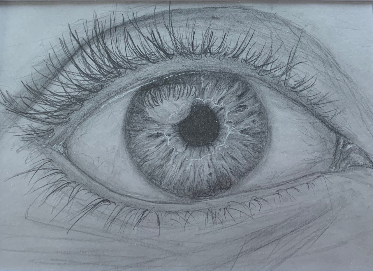 Black and white drawing of close-up of eye