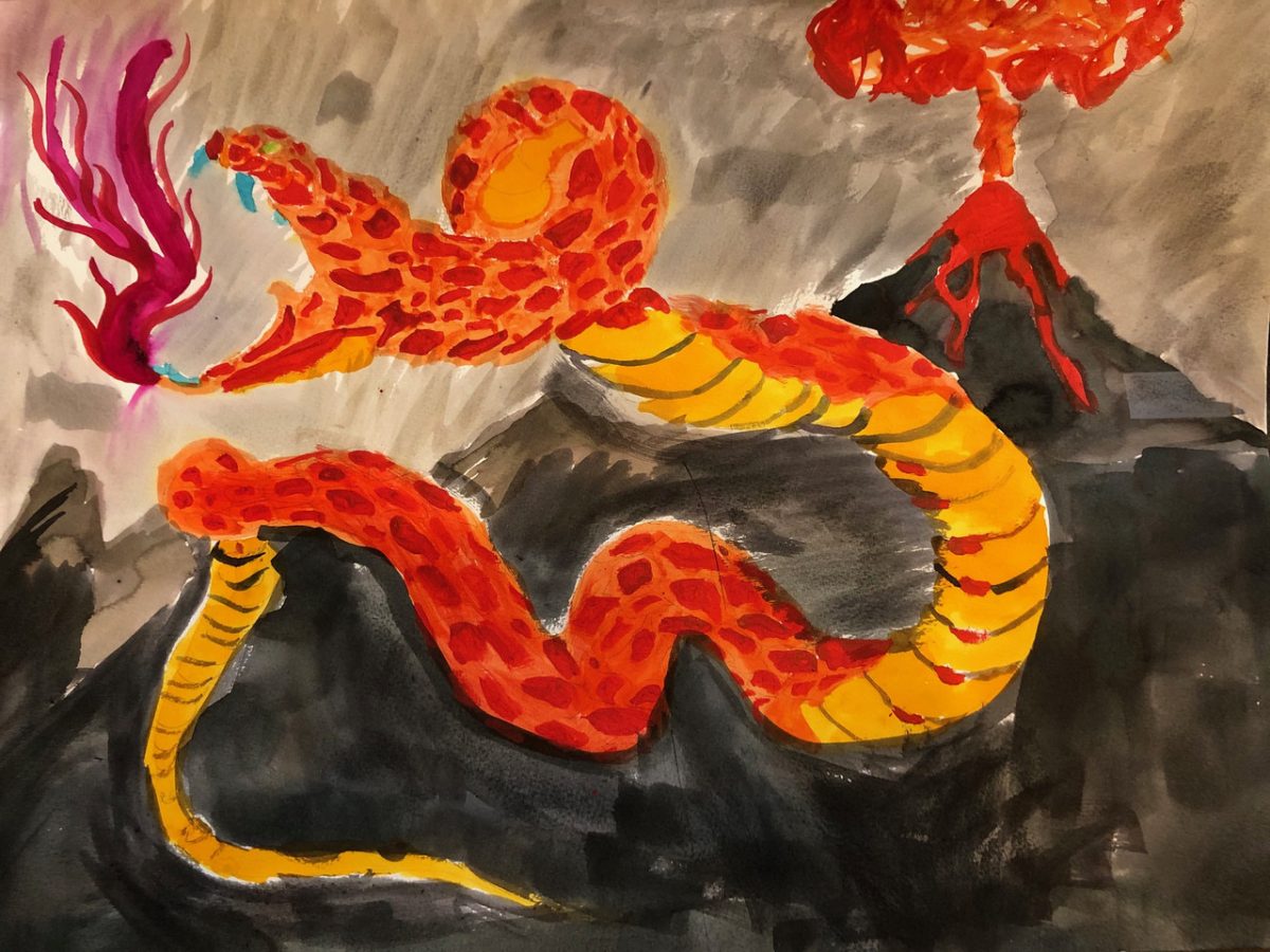 Orange and red snake in front of an erupting volcano.