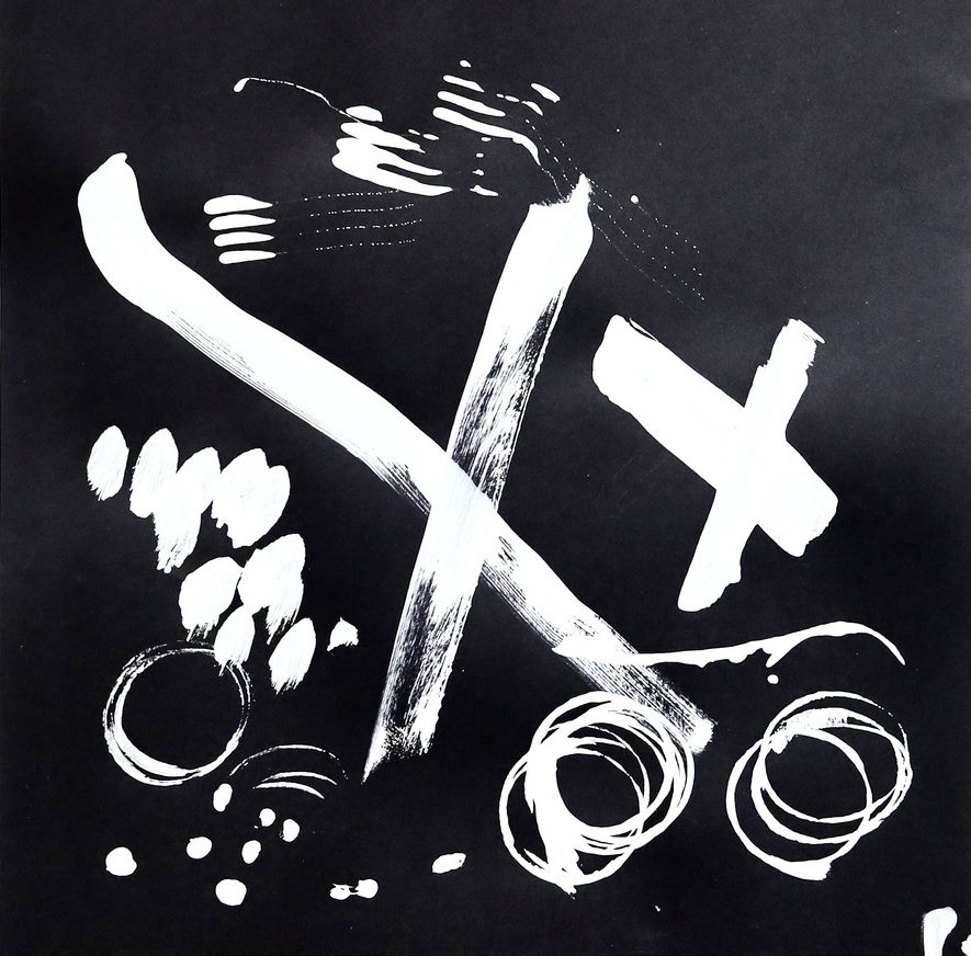 White brush strokes on a black background