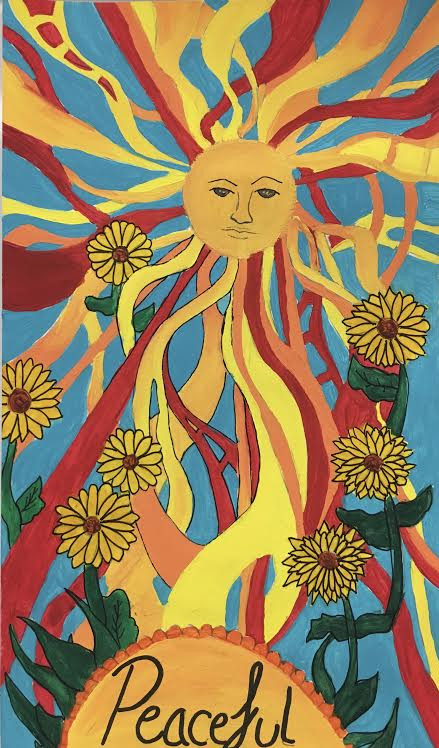 Painting of a sun with curving rays shining down on yellow flowers