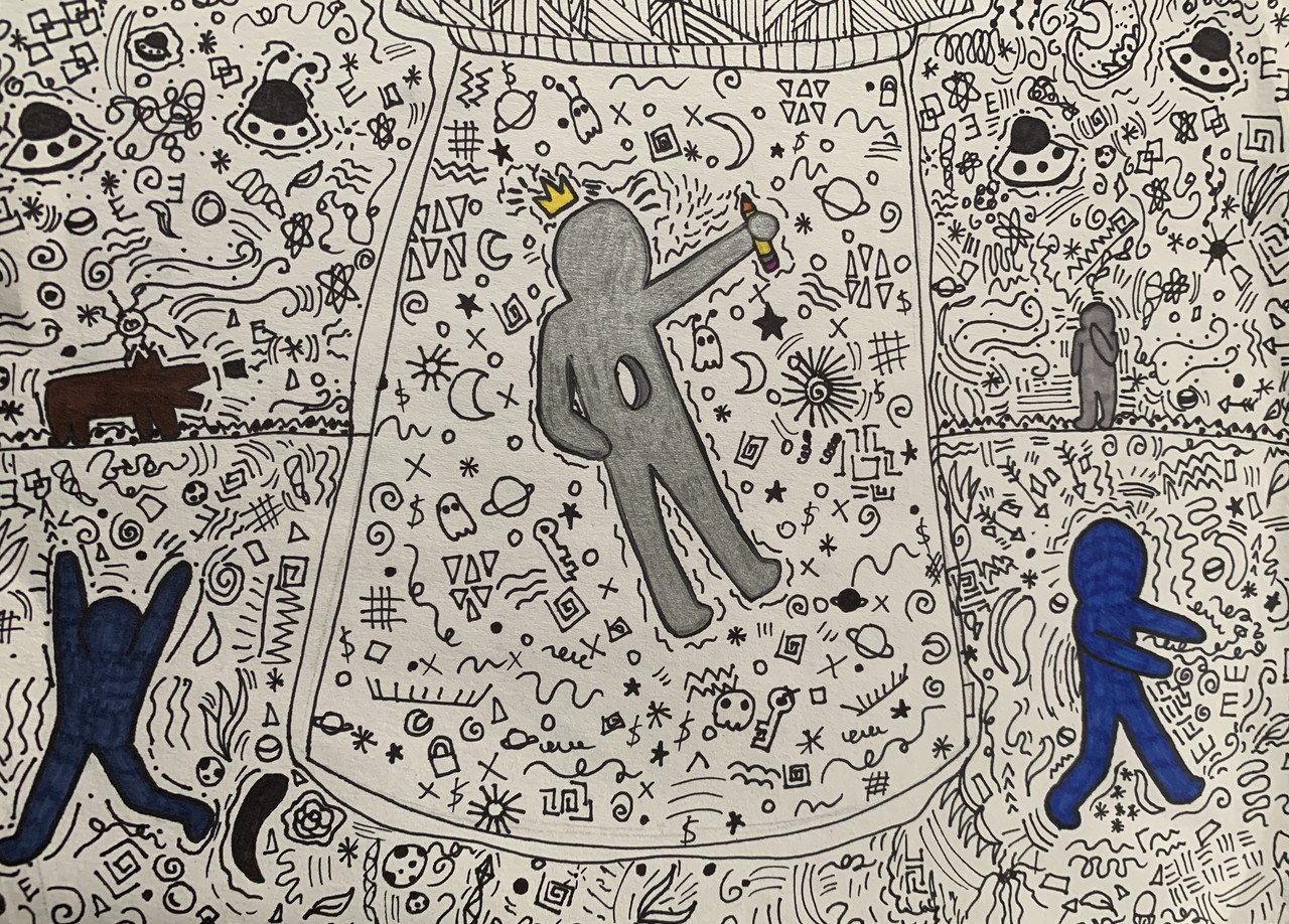 A drawing with figures in motion on a background full of doodles and designs.