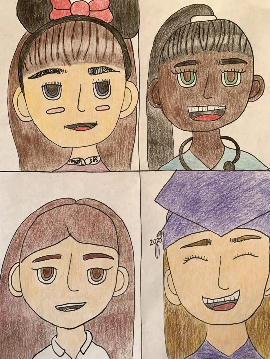 Drawing of grid of four faces
