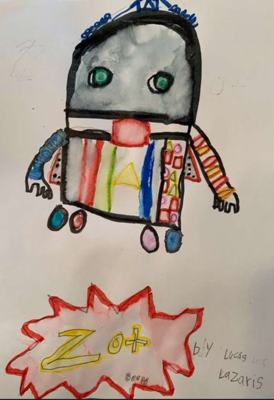 Multicolored drawing of a robot above "Zot" in in a spiky circle