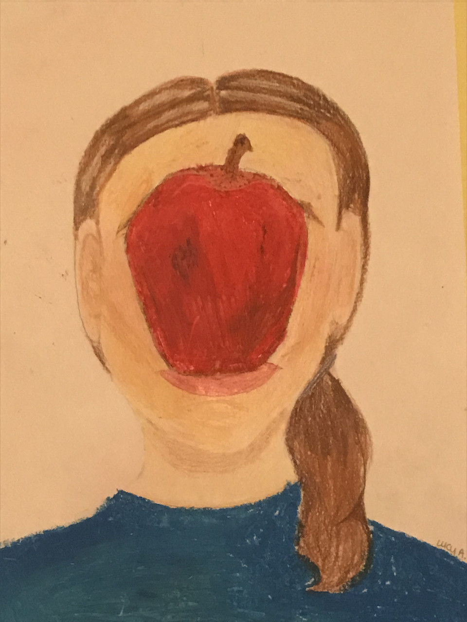 Drawing of a girl with an apple in front of her face.