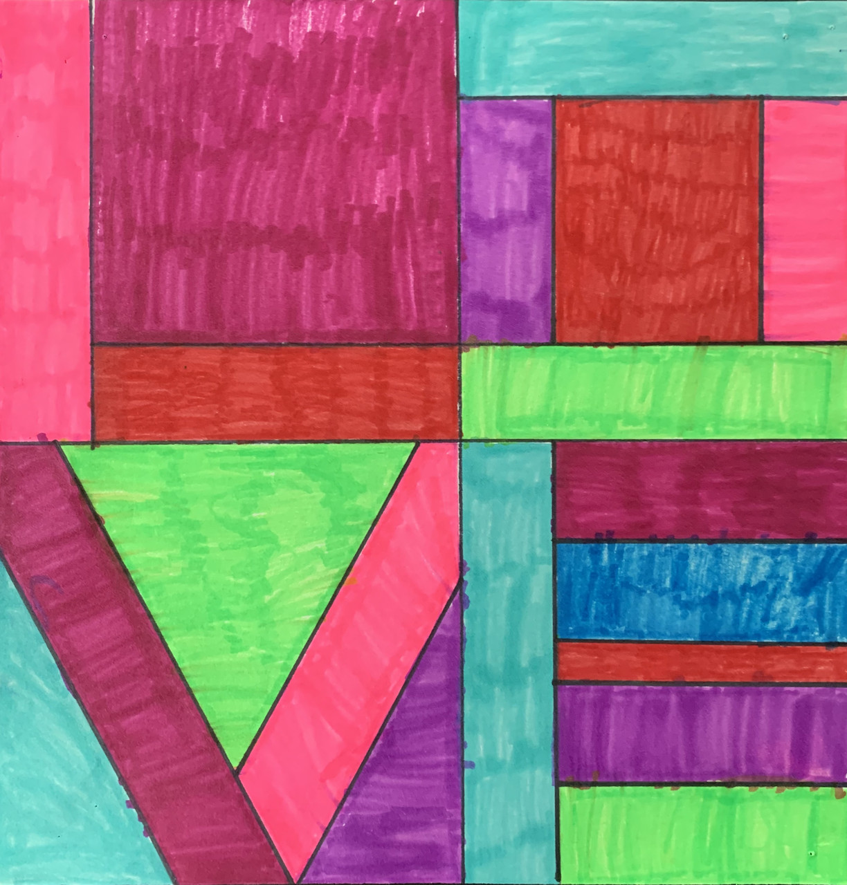 A colorful design with lines that spell out LOVE