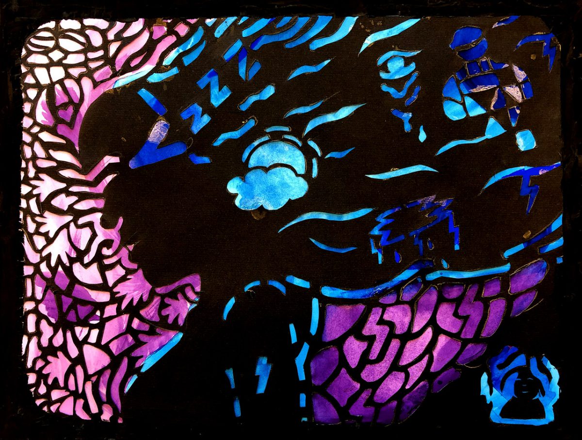Silhouette of figure with long hair in front of colorful backdrop