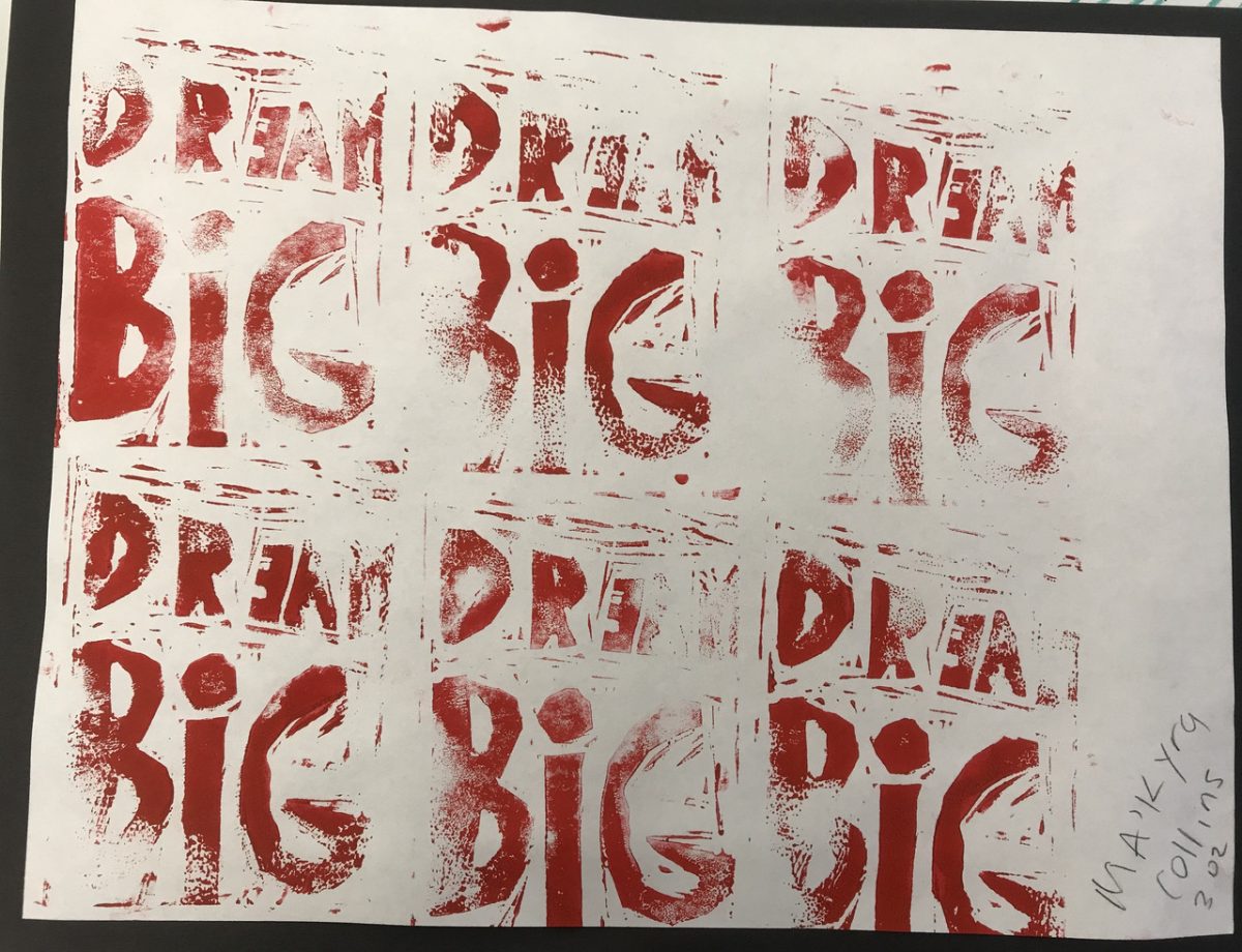 Red print of "Dream Big" repeated 6 times on white background