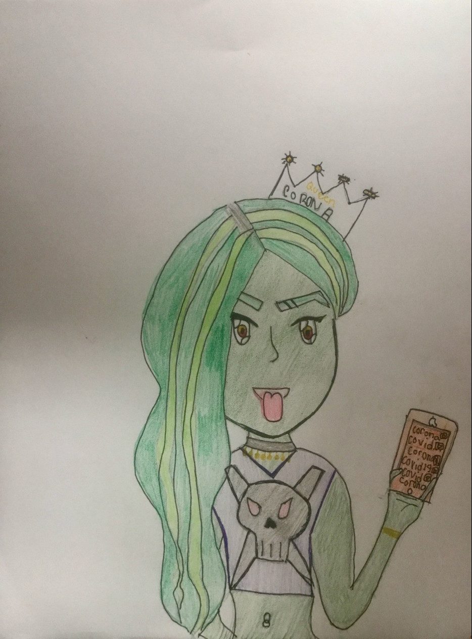 Pencil drawing of girl with long green hair and a crown sticking out her tongue