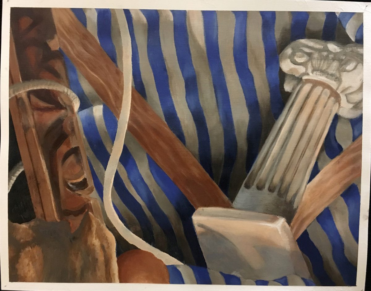 Still life with column on striped fabric background