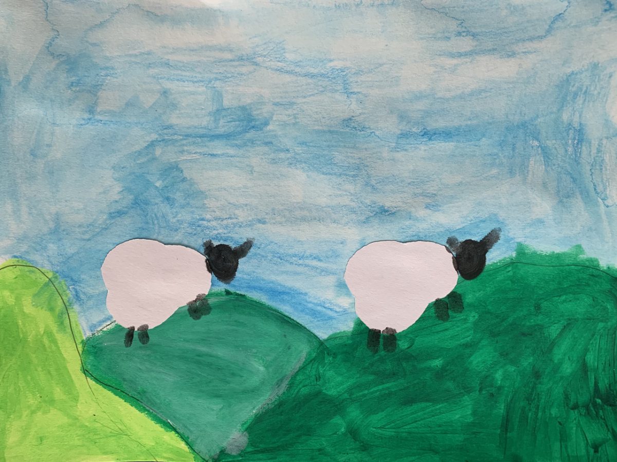 An artwork of two white sheep on green hills with a blue sky.