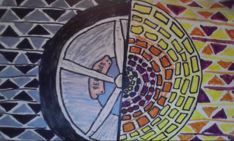 Illustration with fan in cool colors on left and concentric arcs of rectangles in warm colors on the right