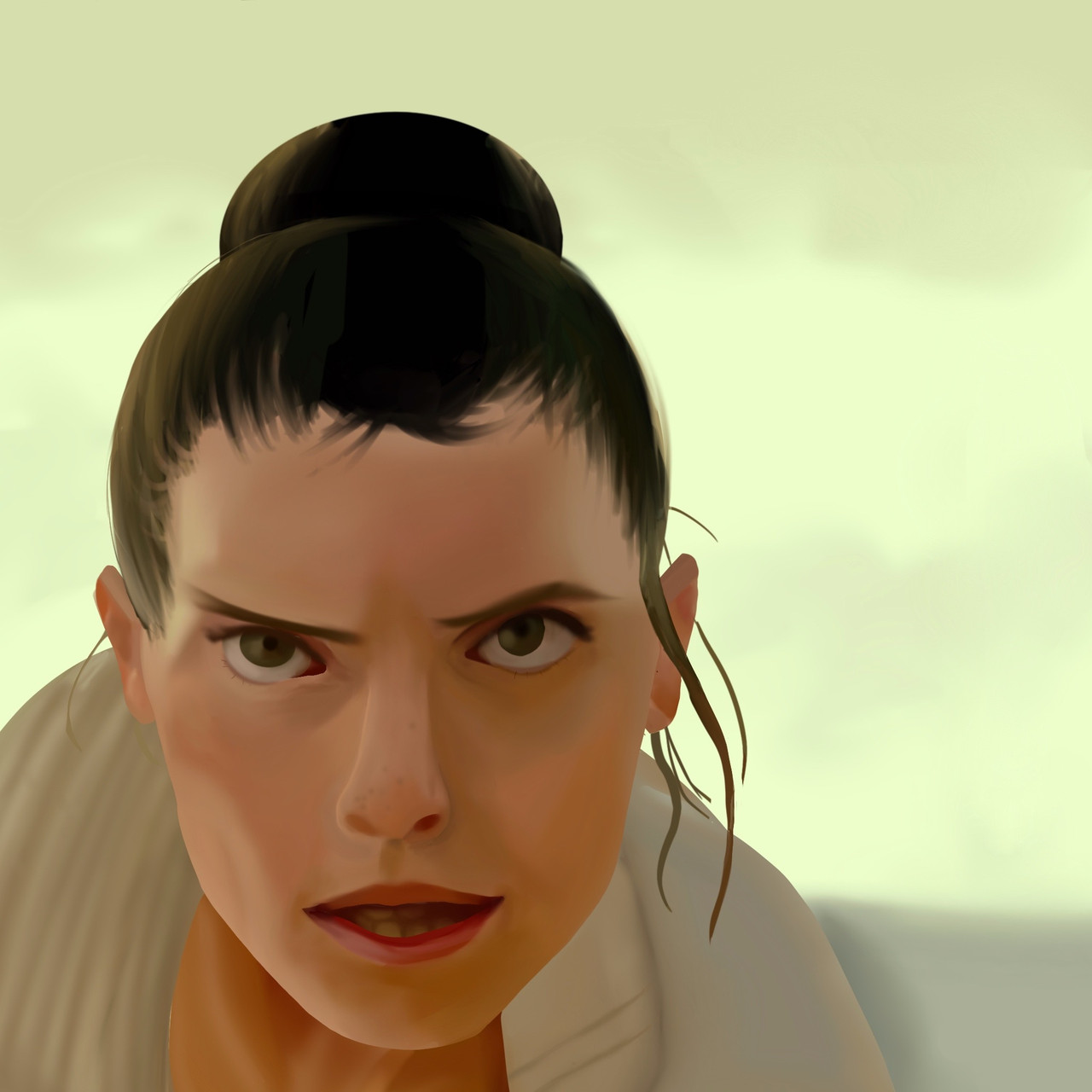 Portrait of a woman with her hair in a bun against a neutral background