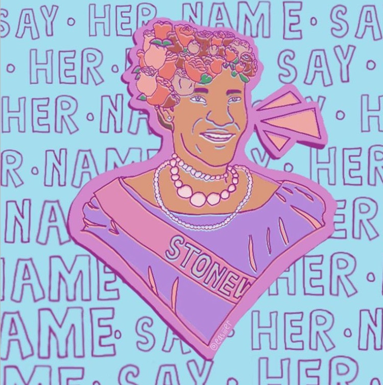 Portrait of Marsha P Johnson dressed in purple. Blue background with Say Her Name written.