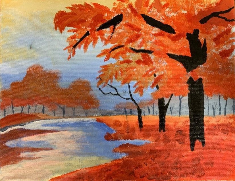 Painting of a lake in the fall