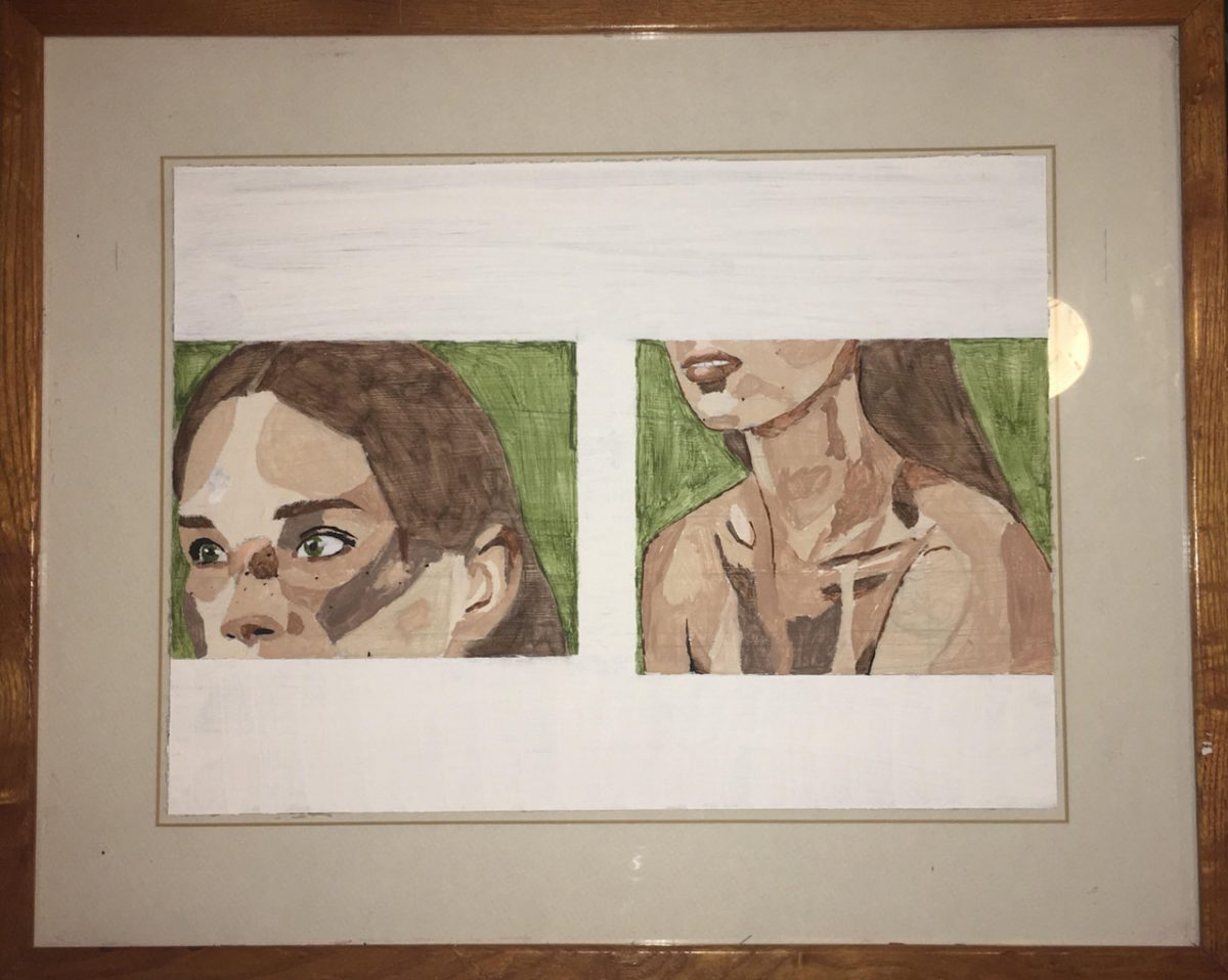 Drawing of persons face, nose up, next to drawing of person's torso, nose to mid-shoulder