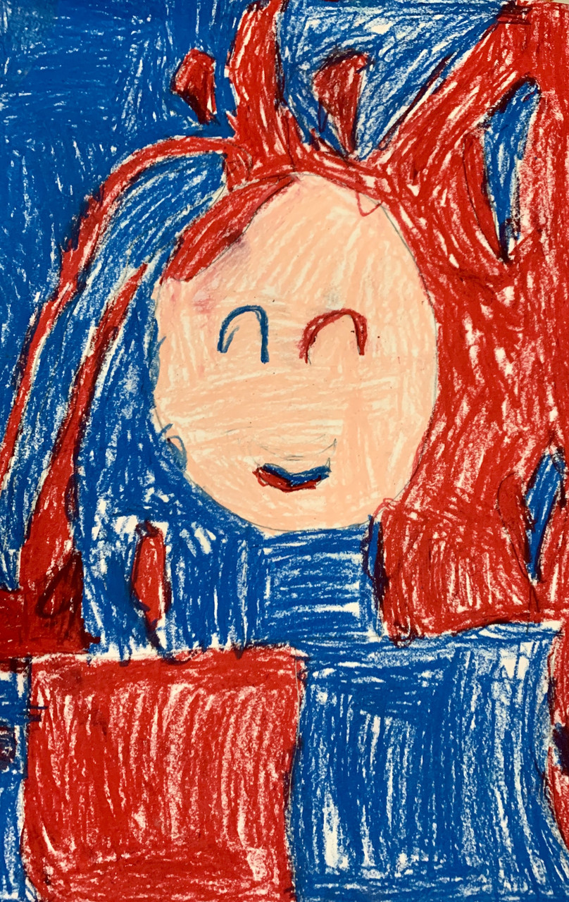 Self portrait of person in red and blue. Half of picture is red, half is blue.
