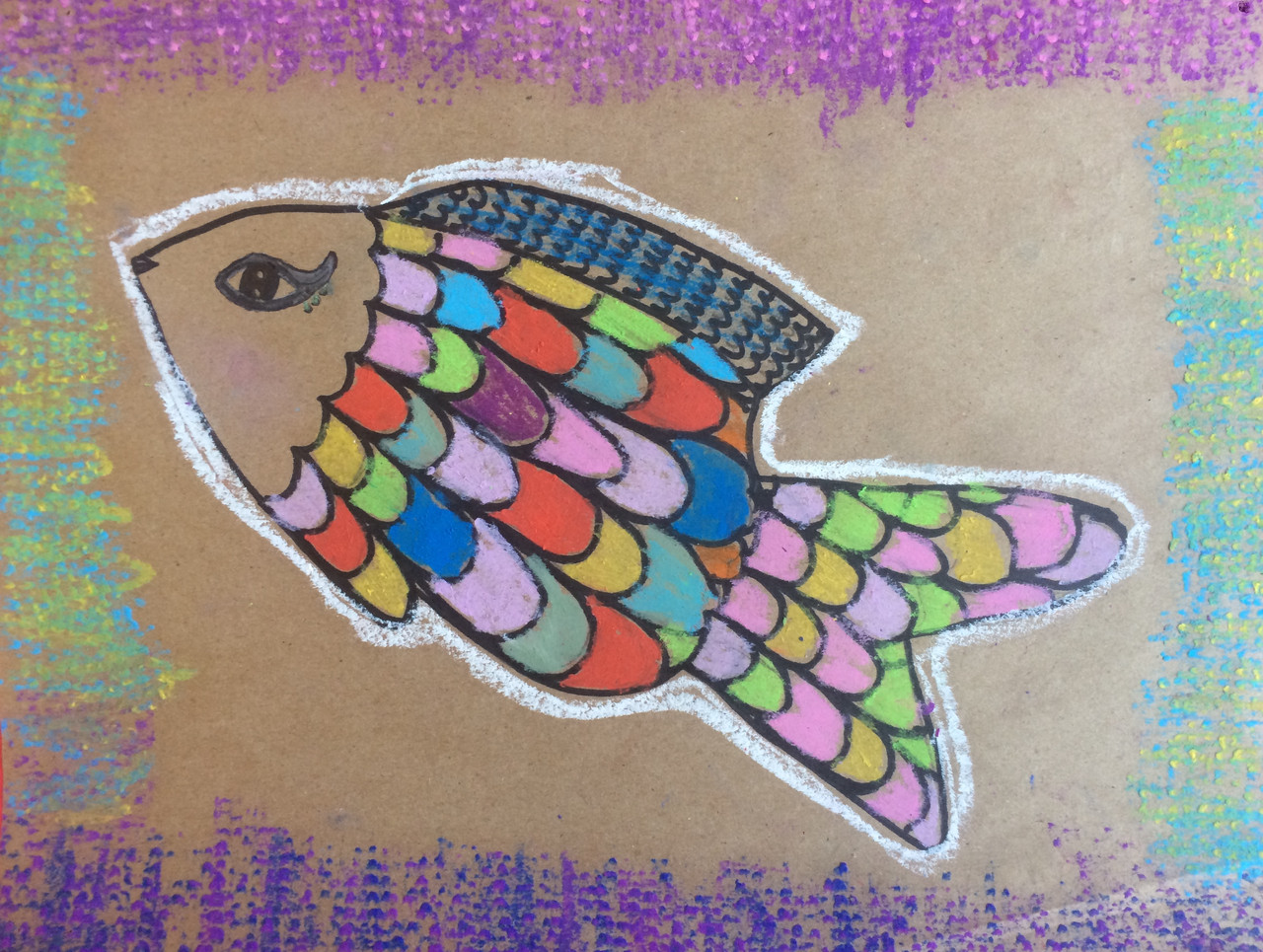 A painting of a fish with colorful scales on a brown background