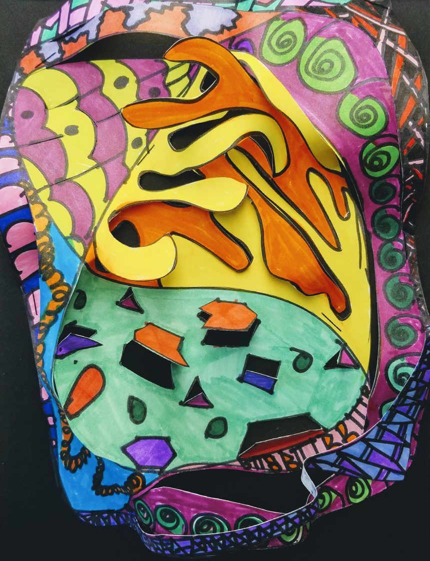 Abstract multicolor drawing with cut paper for dimension.