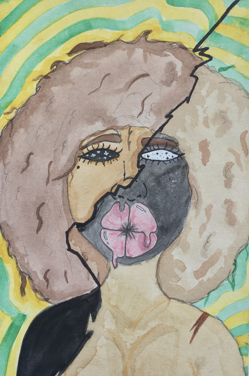 Drawing of a person's face with a flower mouth