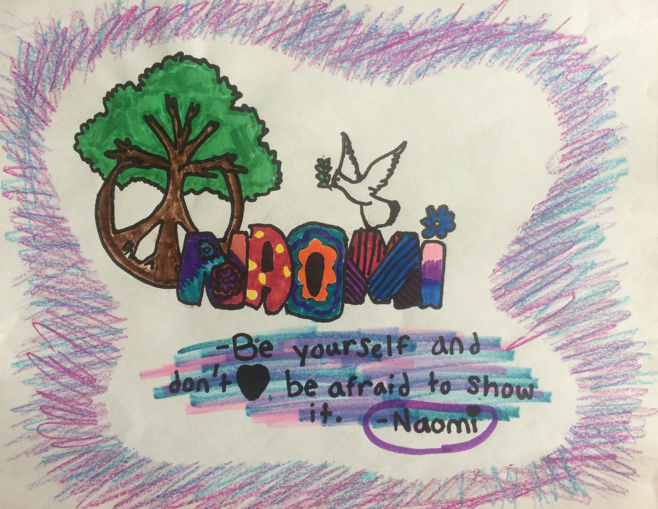 A colorful design of the name Naomi with a tree and purple and blue border