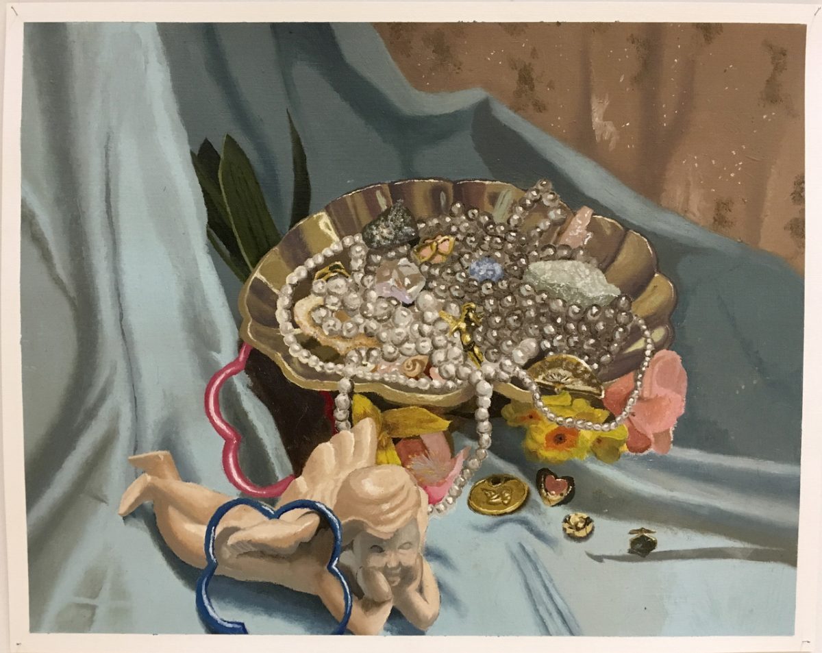 Painting of still life with dish, pearls, figurine