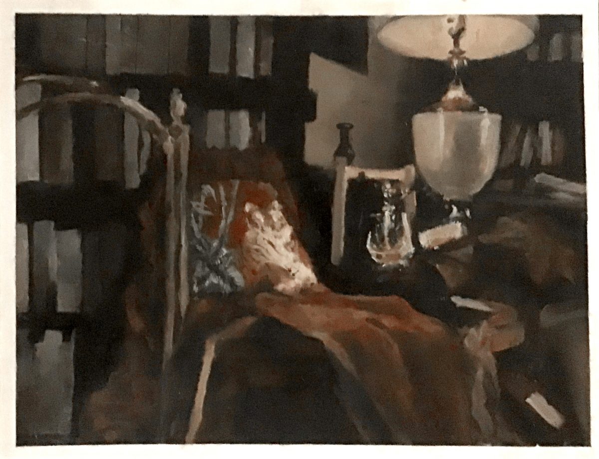 Still life painting of a chair with a blanket surrounded by bookcases near a lamp.
