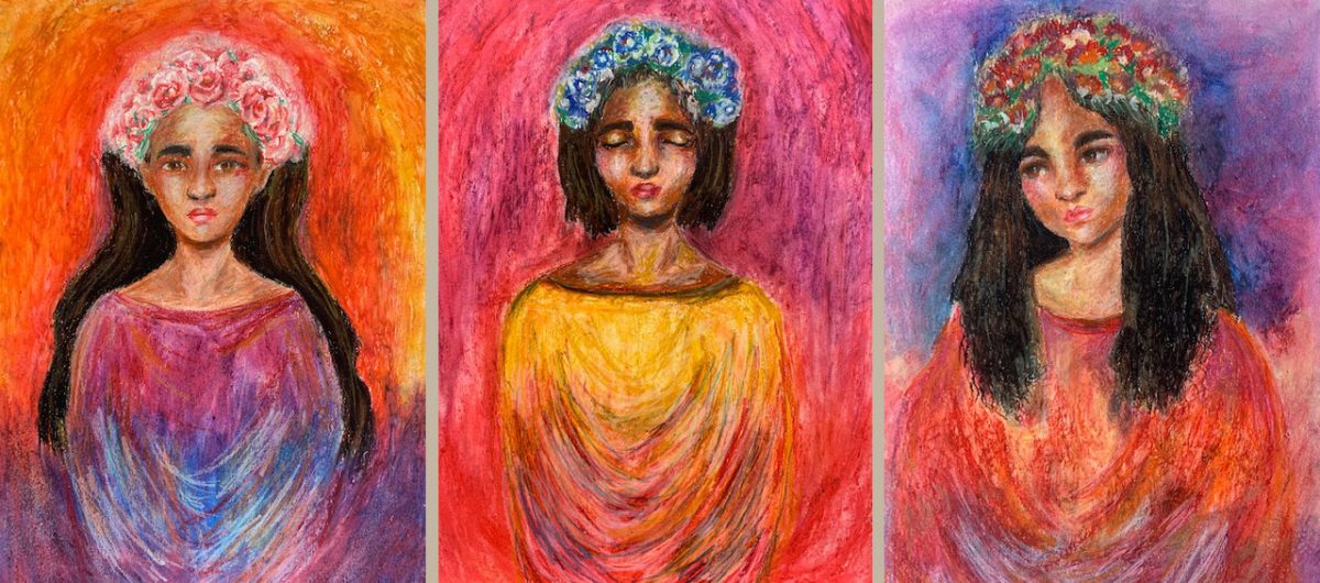 Triptych of three saint-like women in purples, yellows, and reds