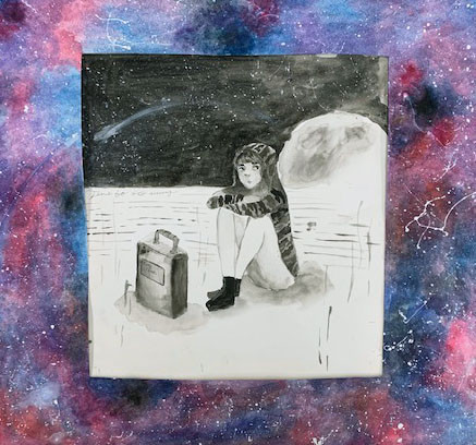 Black and white drawing of a person with a bag on a background that evokes outer space