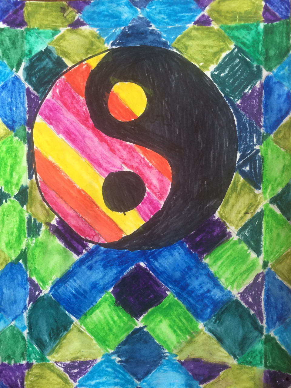 A yin yang design with squares of purple, green and blue in background