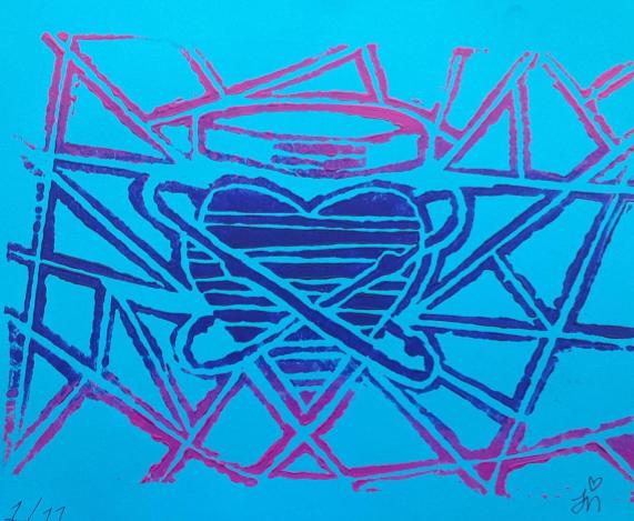 screenprint of heart with lines around it. Blue.