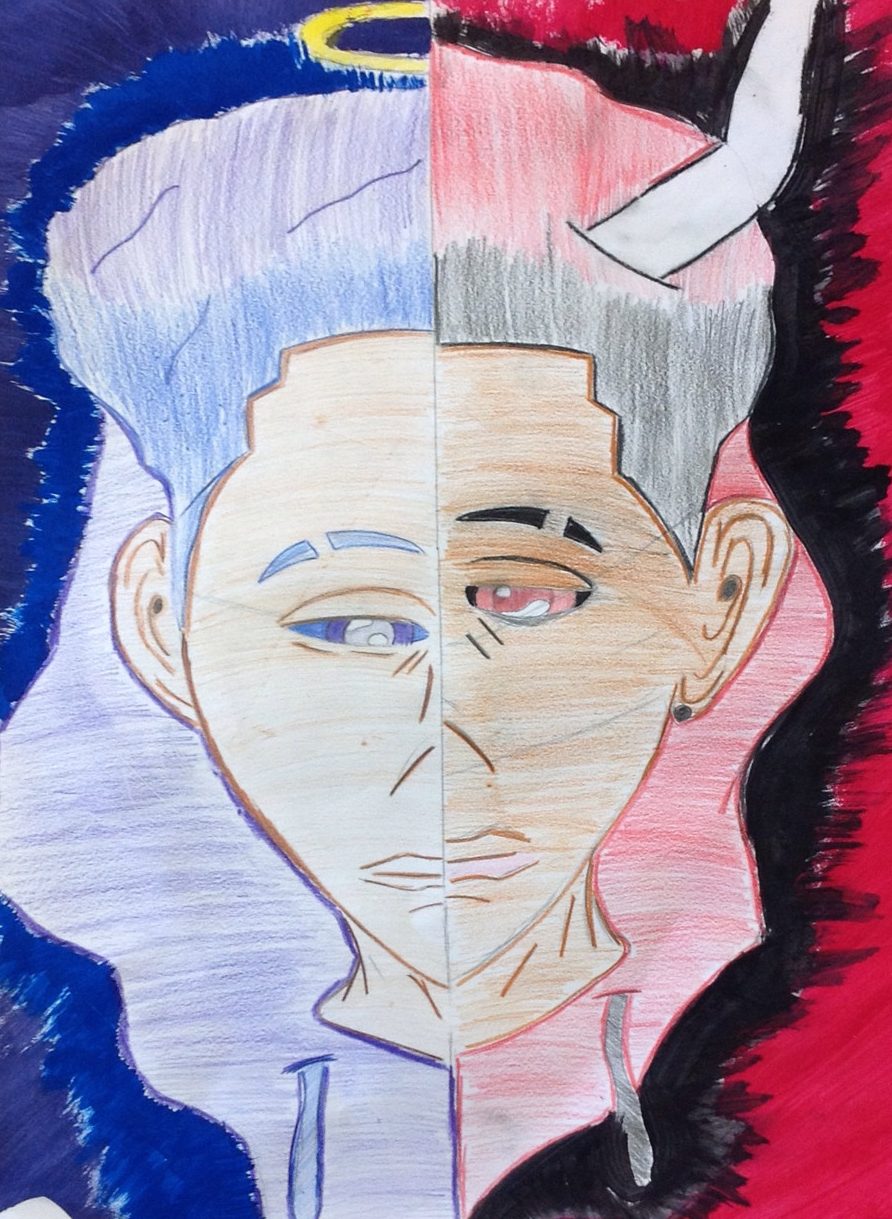 Portrait with red and blue, devil and angel imagery