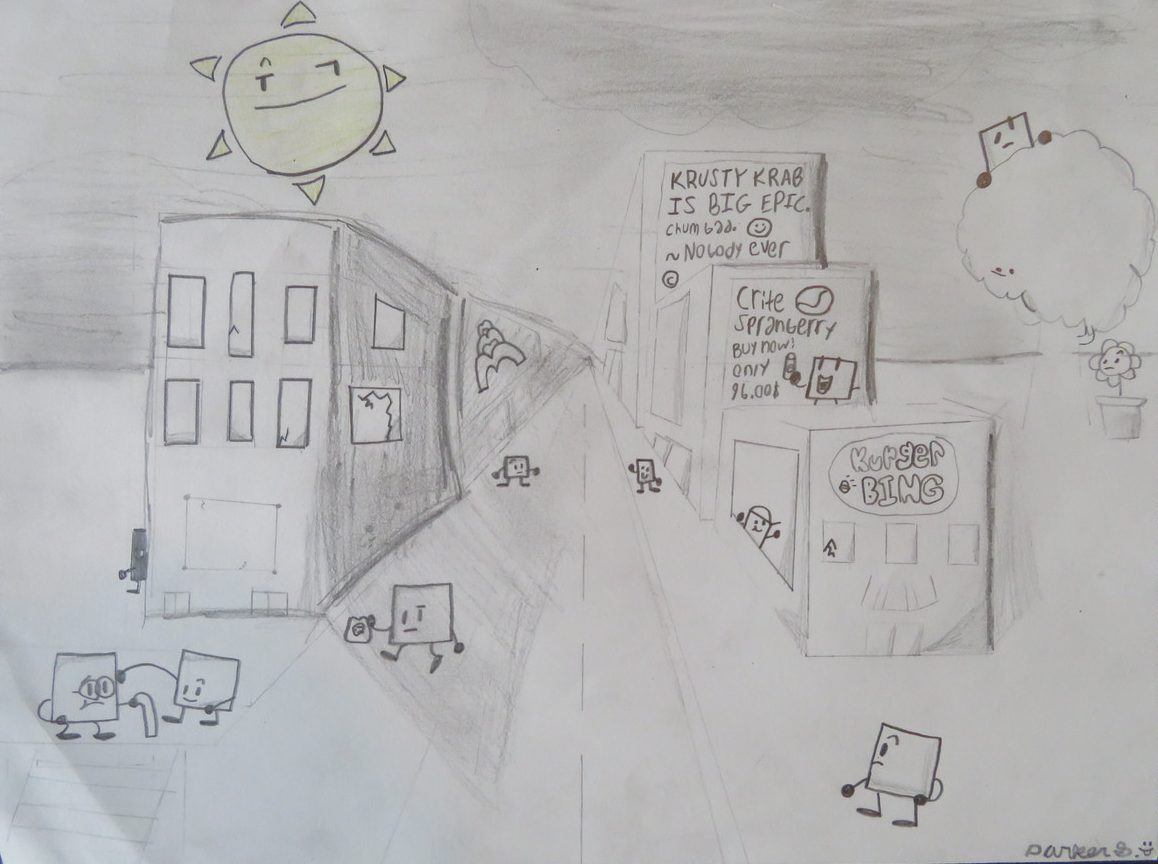 One-point perspective drawing of a city