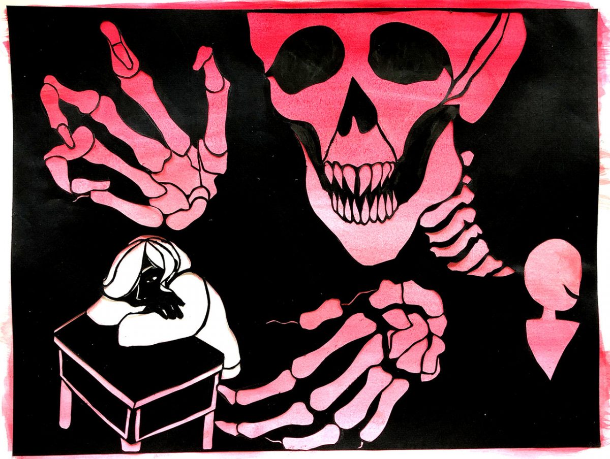 Hot pink gradient background with a black cut out layered over top, silhouetting a skeleton taunting a subject with their head lowered on a desk