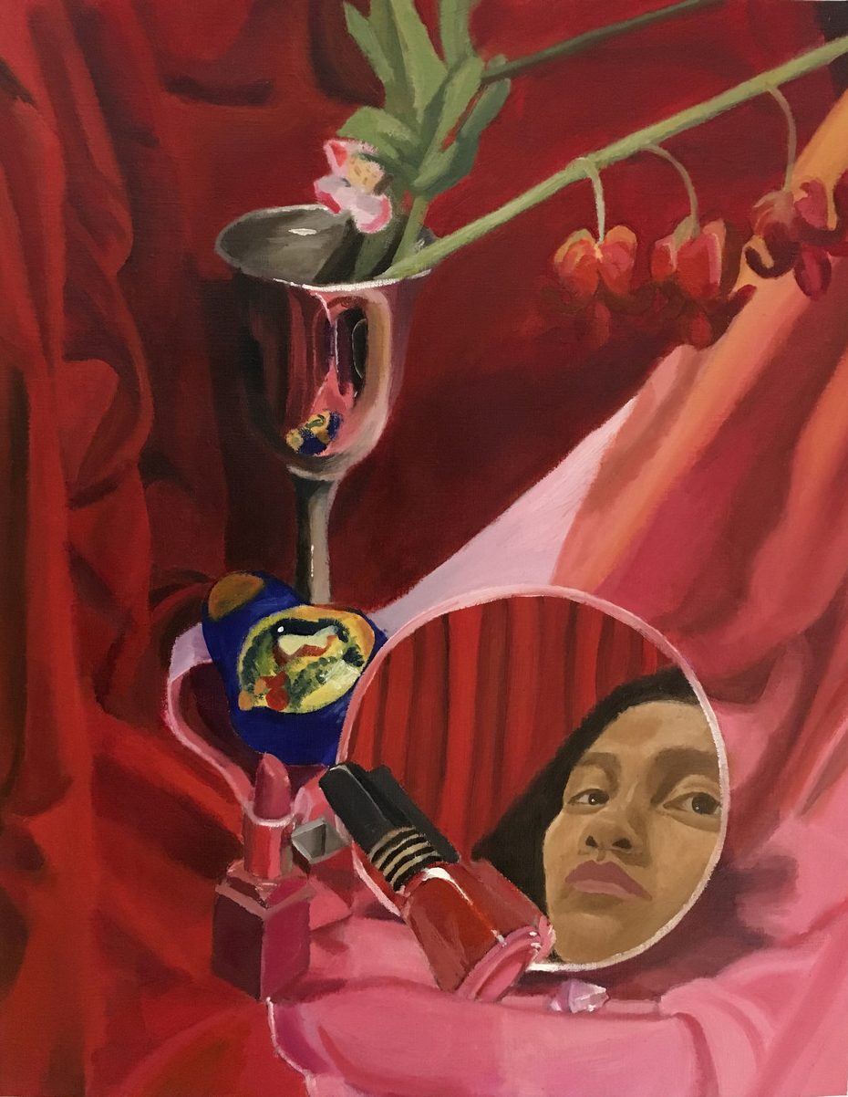 Still life of various objects on red fabric background