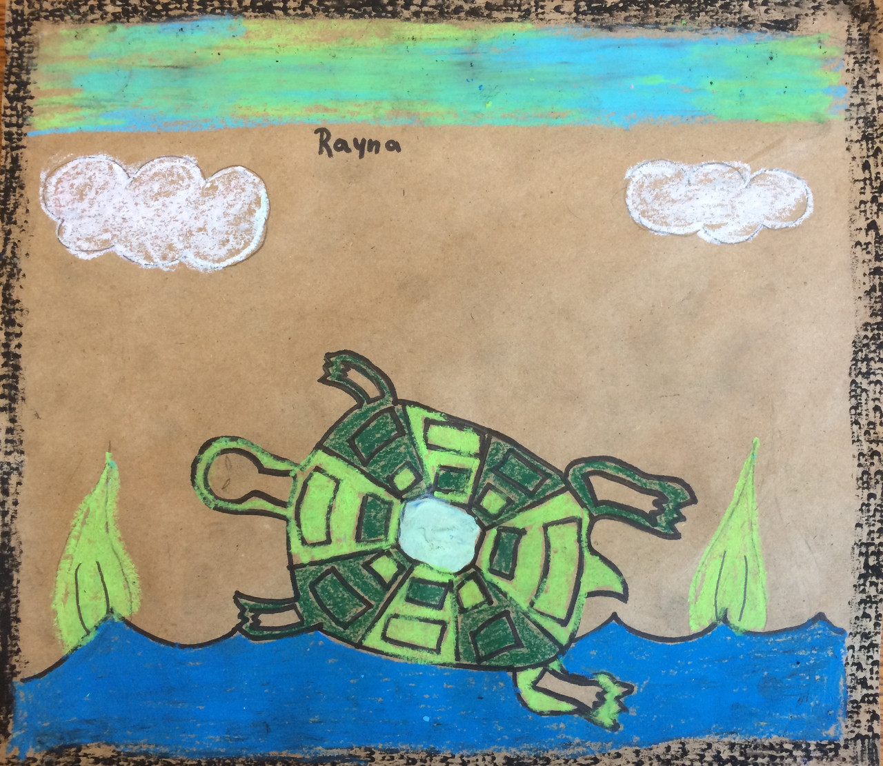An artwork of a turtle with blue water on a brown background