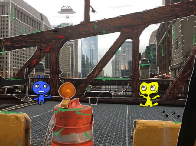 Digital illustrations on a photograph of a bridge over the Chicago river.