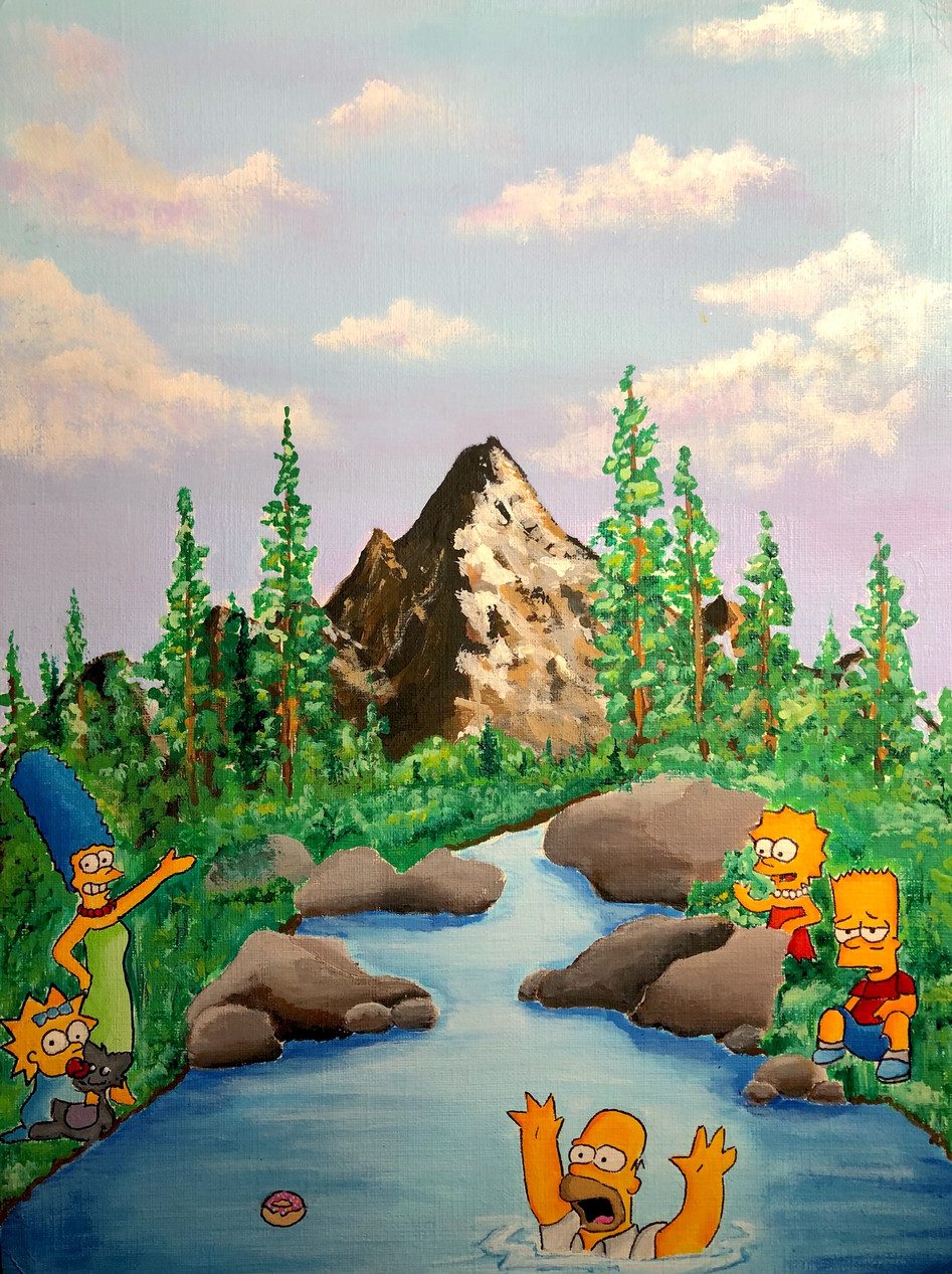 Painting of a stream, mountain, and trees with the Simpsons in the foreground