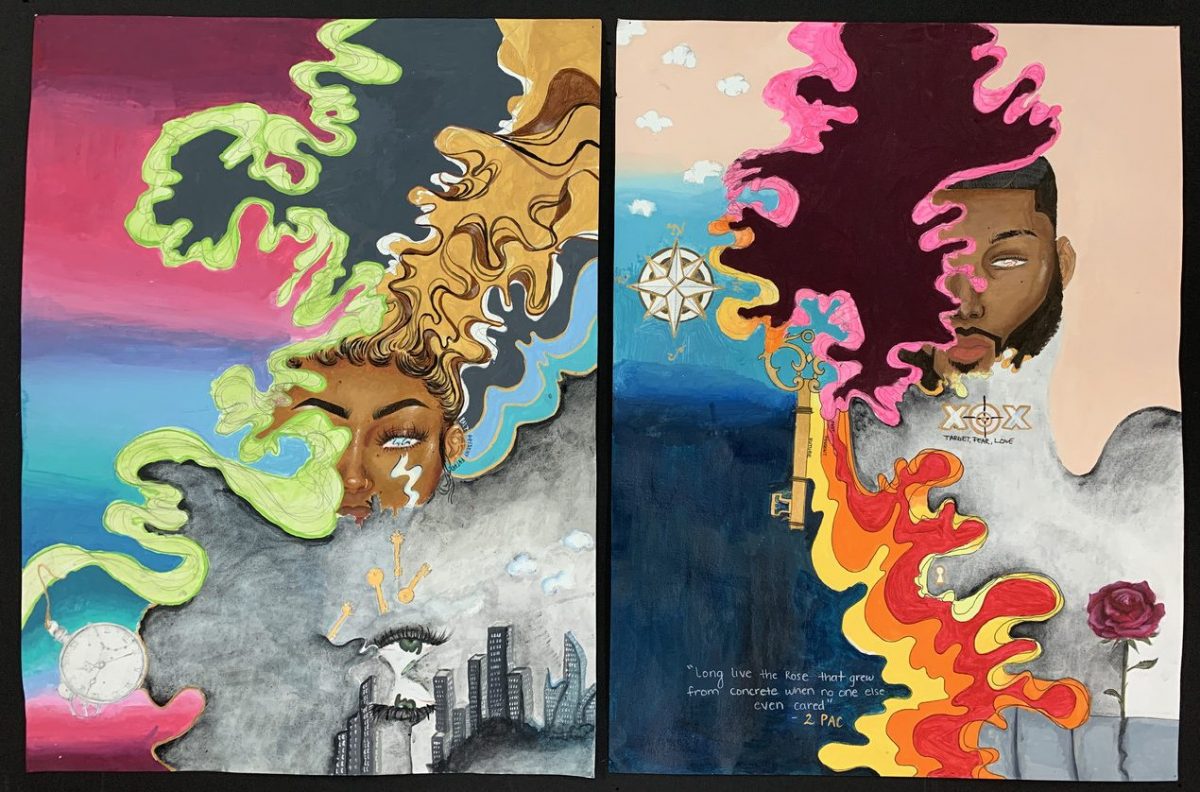 A diptych artwork with bright, colorful, wavy lines and partial faces looking out.