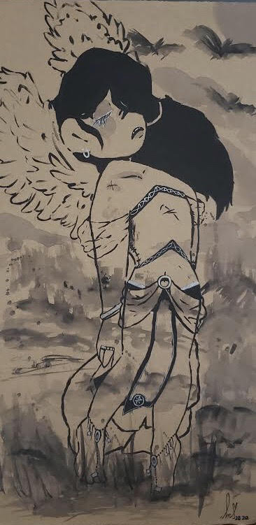 Black and white illustration of person with wings