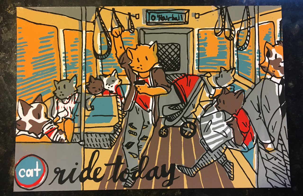 Illustration of cats as humans riding the train.