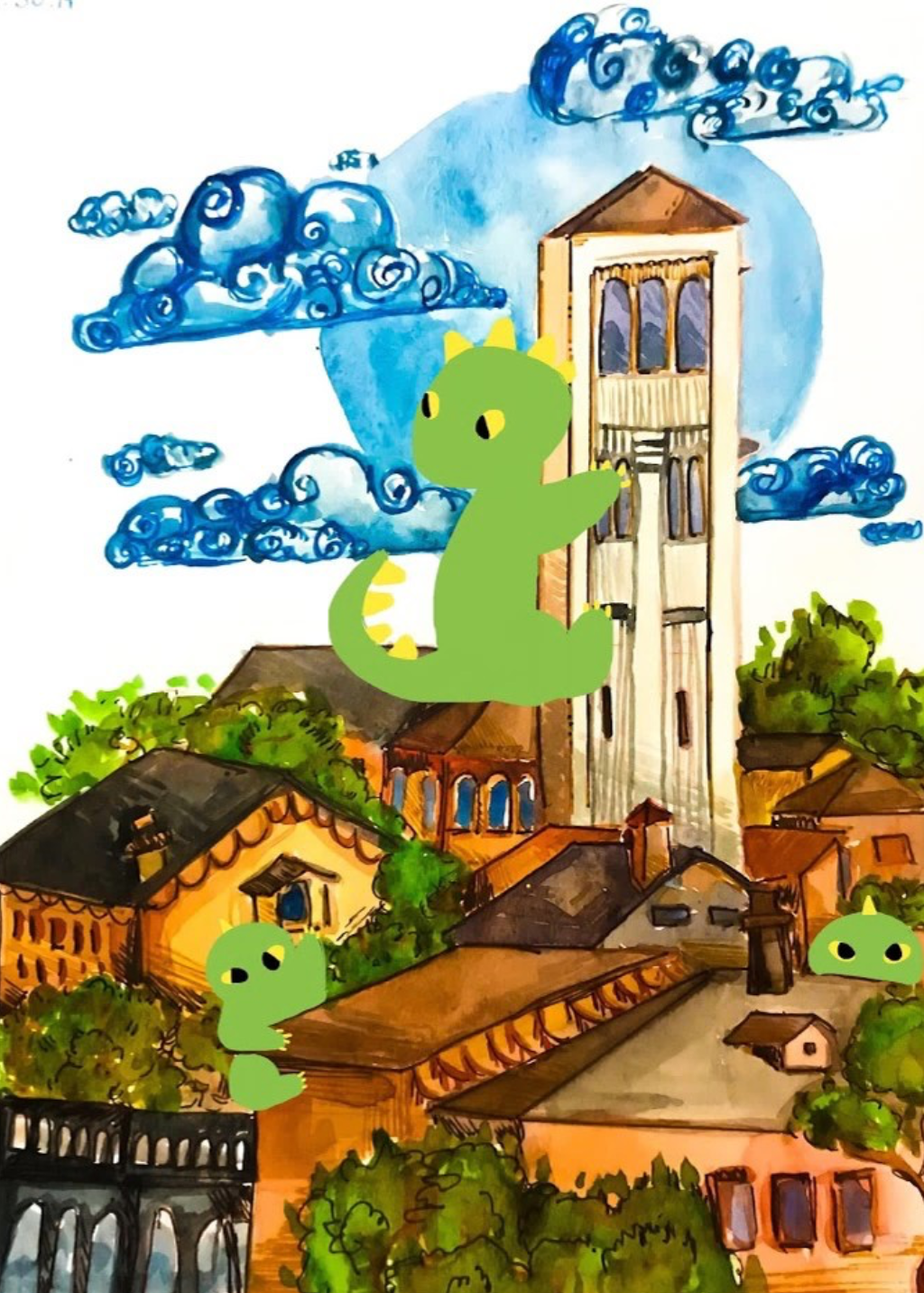 Three green dinosaurs climbing on buildings and landscape, watercolor