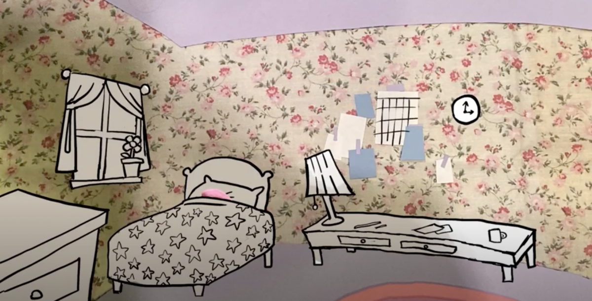 Bedroom scene with floral wallpaper