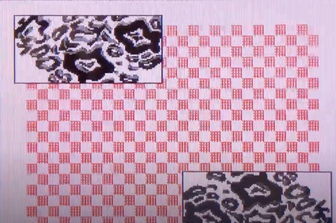 Black and white drawings on a red and white checkered background
