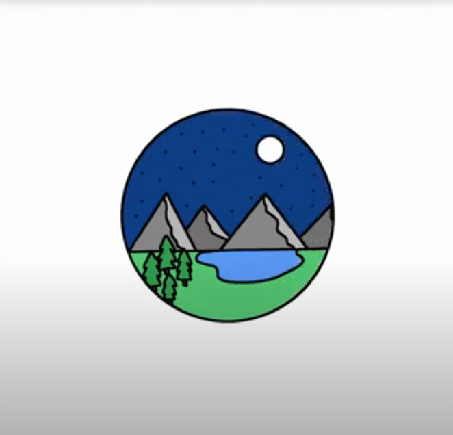 Illustrated mountain scene inside of a circle on a white background