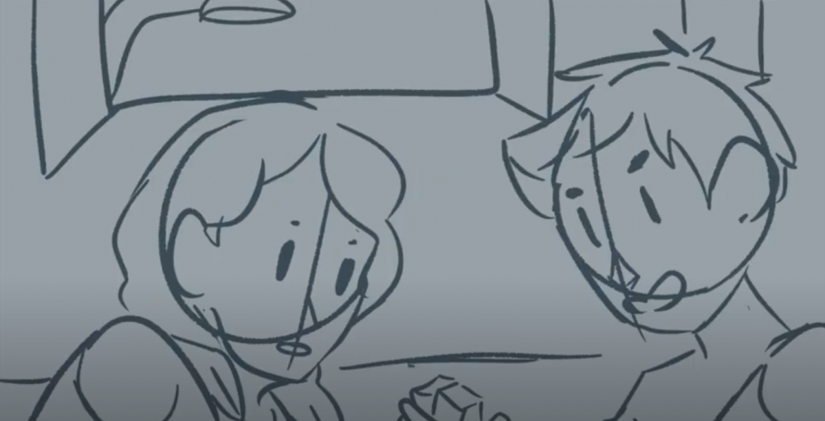 Drawings of cartoonish people on a grey background