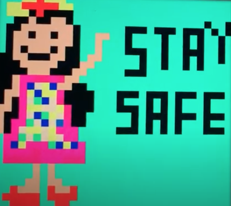 Pixel art of a young girl with the words Stay Safe